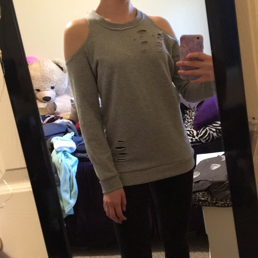 NWOT Destroyed Cold Shoulder Grey Sweatshirt